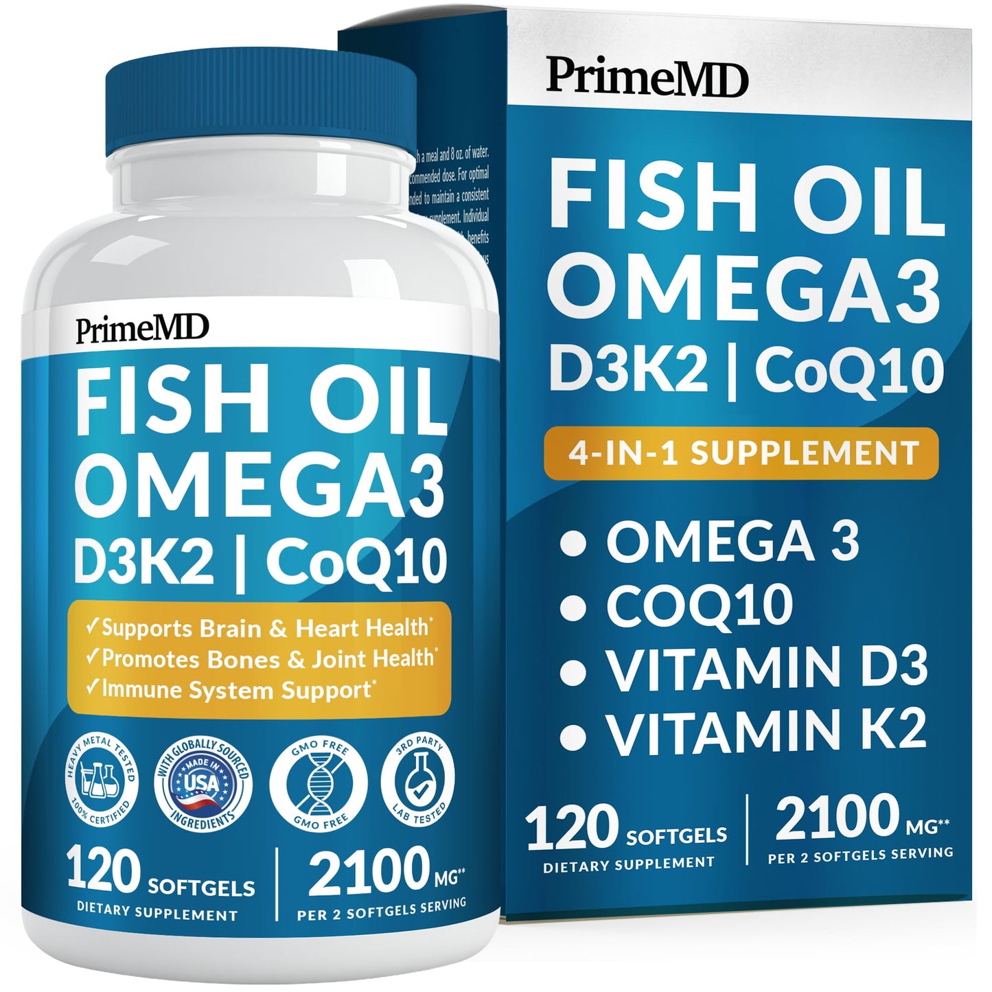 4-in-1 Fish Oil Omega 3 Fatty Supplements (2100mg) - Omega 3 Fish Oil with Vitamins D3 K2 and CoQ10 - Lemon Flavored (120 softgels) - Maple Wellness Supplements