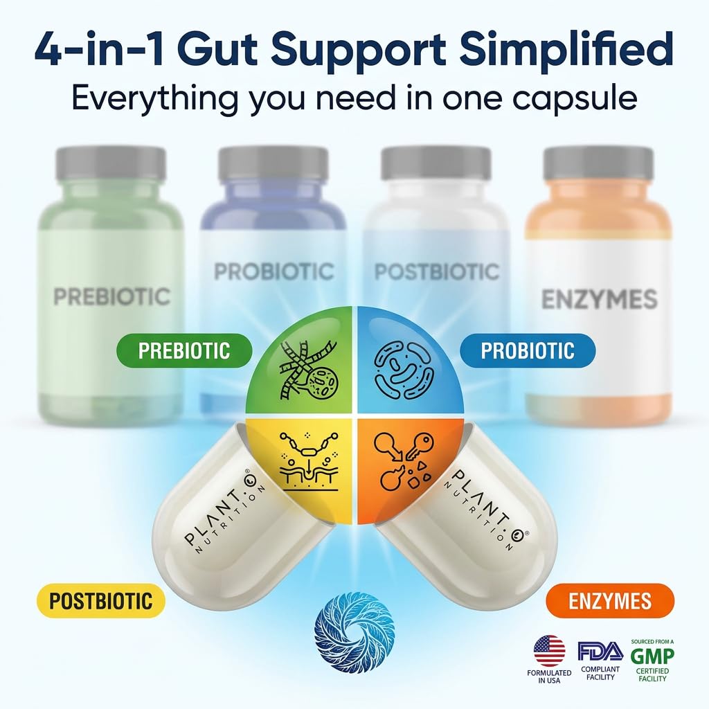 4-in-1 Gut Health Support – Prebiotics + Probiotics + Postbiotics + Digestive Enzymes – DE111 Spore Probiotic for Digestive Support & Bloating - Maple Wellness Supplements