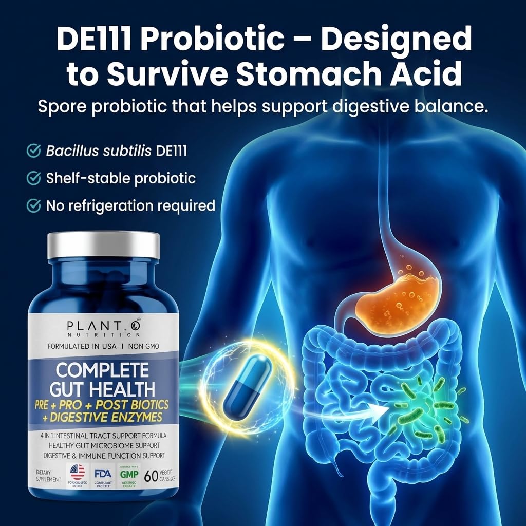 4-in-1 Gut Health Support – Prebiotics + Probiotics + Postbiotics + Digestive Enzymes – DE111 Spore Probiotic for Digestive Support & Bloating - Maple Wellness Supplements