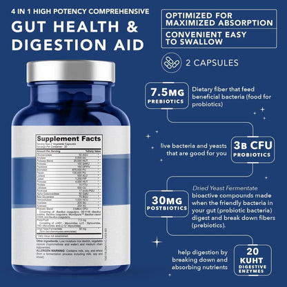 4-in-1 Prebiotic Probiotic & Postbiotic for Women & Men, Complete Gut & Digestive Support Supplement, Pre Post Probiotics & Digestive Enzymes 60 Capsules - Maple Wellness Supplements