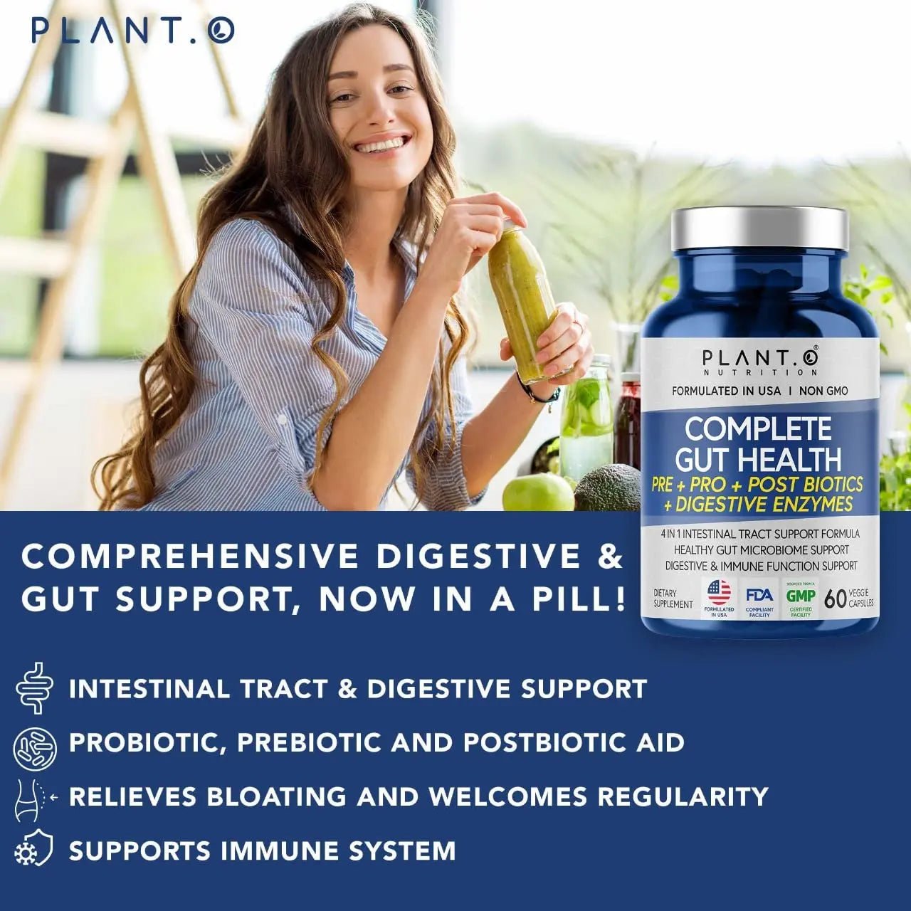 4-in-1 Prebiotic Probiotic & Postbiotic for Women & Men, Complete Gut & Digestive Support Supplement, Pre Post Probiotics & Digestive Enzymes 60 Capsules - Maple Wellness Supplements