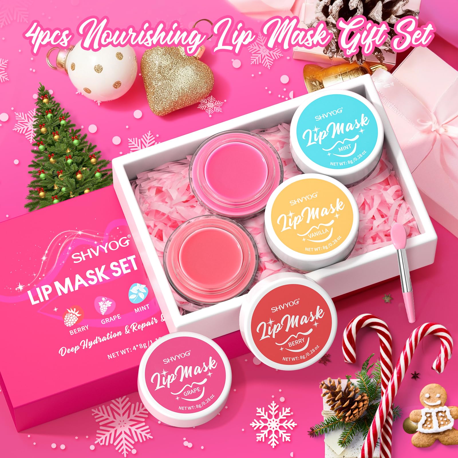 4 Pack Lip Mask Set, Hydrating Lip Mask Overnight - Berry, Grape, Mint, Vanilla Flavors, Lip Sleeping Mask Nourish Lip Balm with Vitamin C & Shea Butter | Dry Lips Care Gift - Maple Wellness Supplements