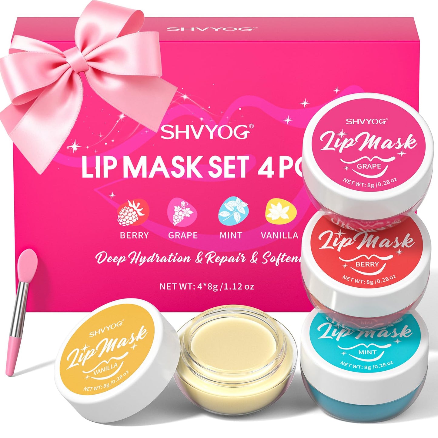 4 Pack Lip Mask Set, Hydrating Lip Mask Overnight - Berry, Grape, Mint, Vanilla Flavors, Lip Sleeping Mask Nourish Lip Balm with Vitamin C & Shea Butter | Dry Lips Care Gift - Maple Wellness Supplements