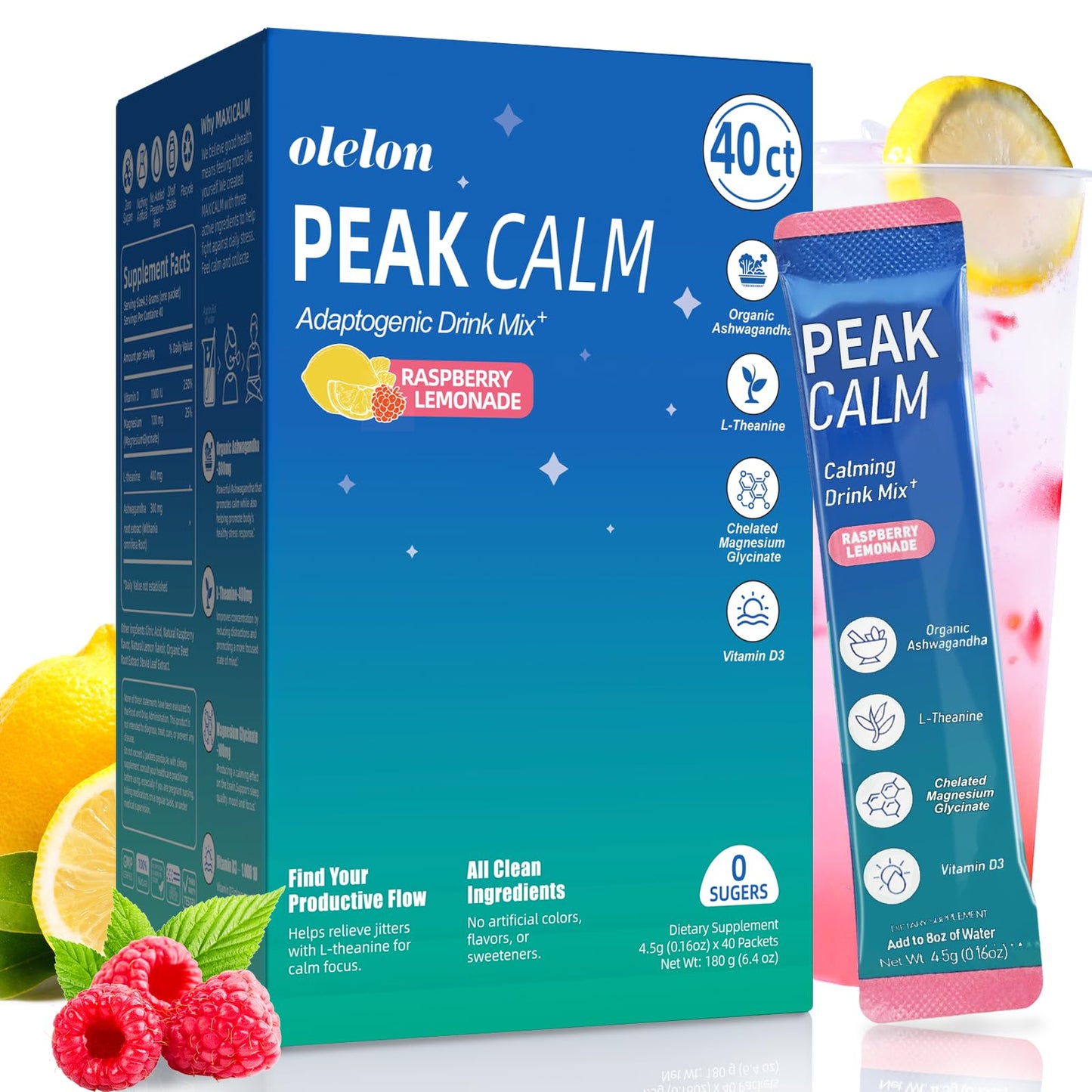 40 Count Super Cortisol Calm Drink with Magnesium Glycinate, Ashwagandha, L-Theanine & Vitamin D3 |Magnesium glycinate Powder for Relaxation, Focus & Sleep Support | Raspberry Lemonade | No Sugar - Maple Wellness Supplements
