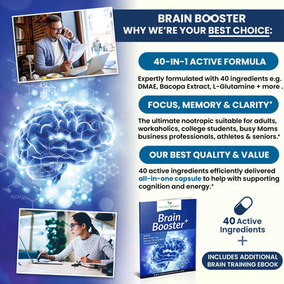 40-in-1 Brain Booster Supplement for Focus, Memory, Clarity, Energy | Advanced Vitamins Plus eBook | for Men & Women, Cognitive Function Nootropic Support with DMAE, Mind Health Formula | 60 Capsules - Maple Wellness Supplements