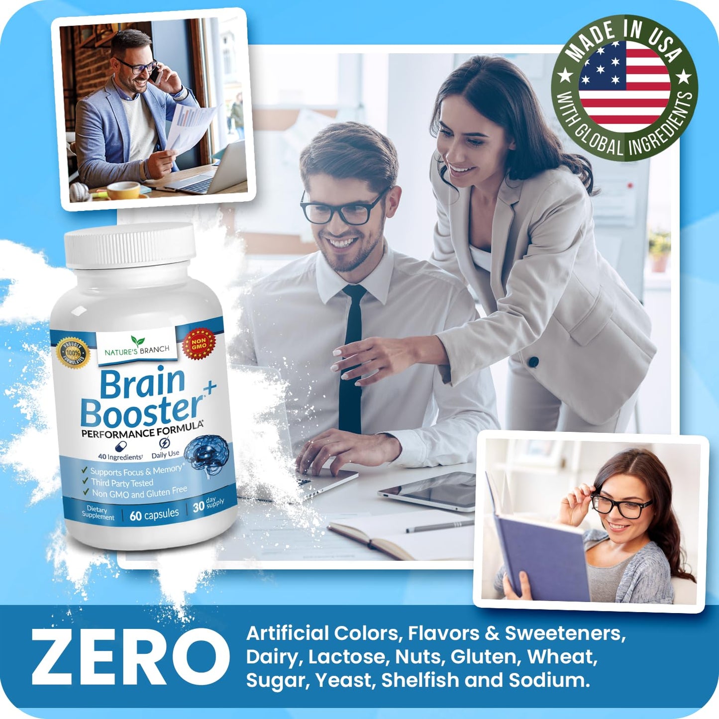 40-in-1 Brain Booster Supplement for Focus, Memory, Clarity, Energy | Advanced Vitamins Plus eBook | for Men & Women, Cognitive Function Nootropic Support with DMAE, Mind Health Formula | 60 Capsules - Maple Wellness Supplements