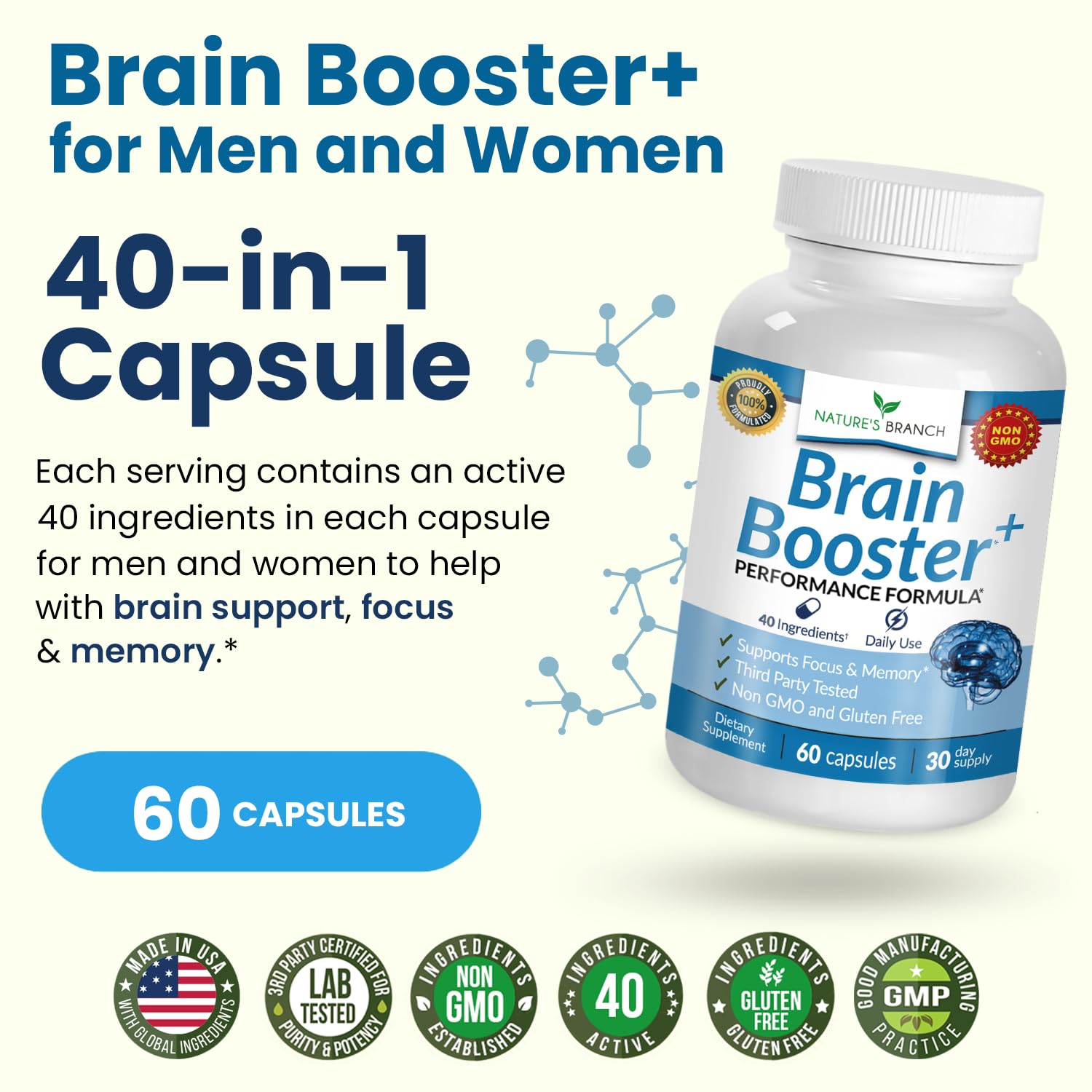 40-in-1 Brain Booster Supplement for Focus, Memory, Clarity, Energy | Advanced Vitamins Plus eBook | for Men & Women, Cognitive Function Nootropic Support with DMAE, Mind Health Formula | 60 Capsules - Maple Wellness Supplements
