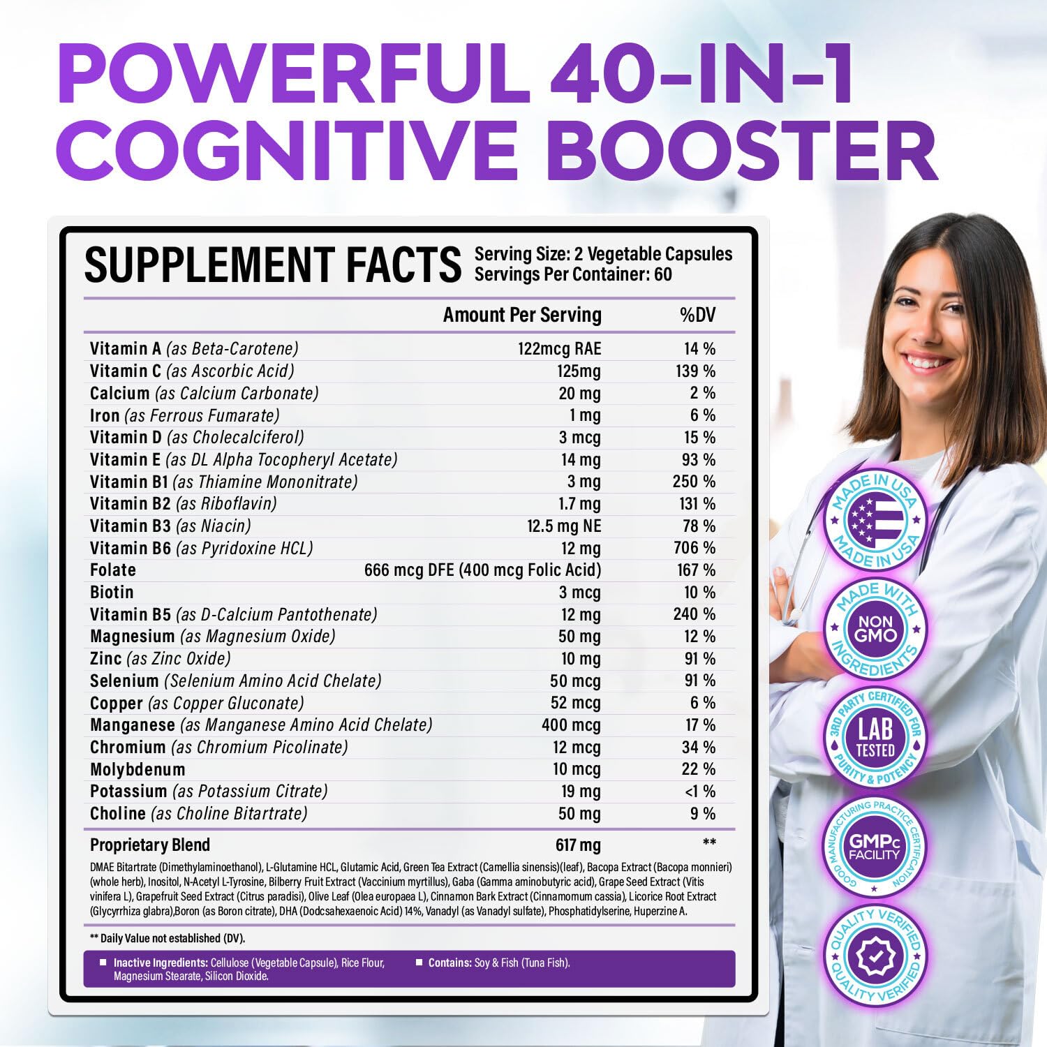 40-in-1 Brain Booster Supplements for Memory, Focus, Clarity, Energy, Performance | Natural Nootropic Brain Support Supplement with DMAE, Bacopa Monnieri & More | For Men & Women | 120 V Capsules - Maple Wellness Supplements