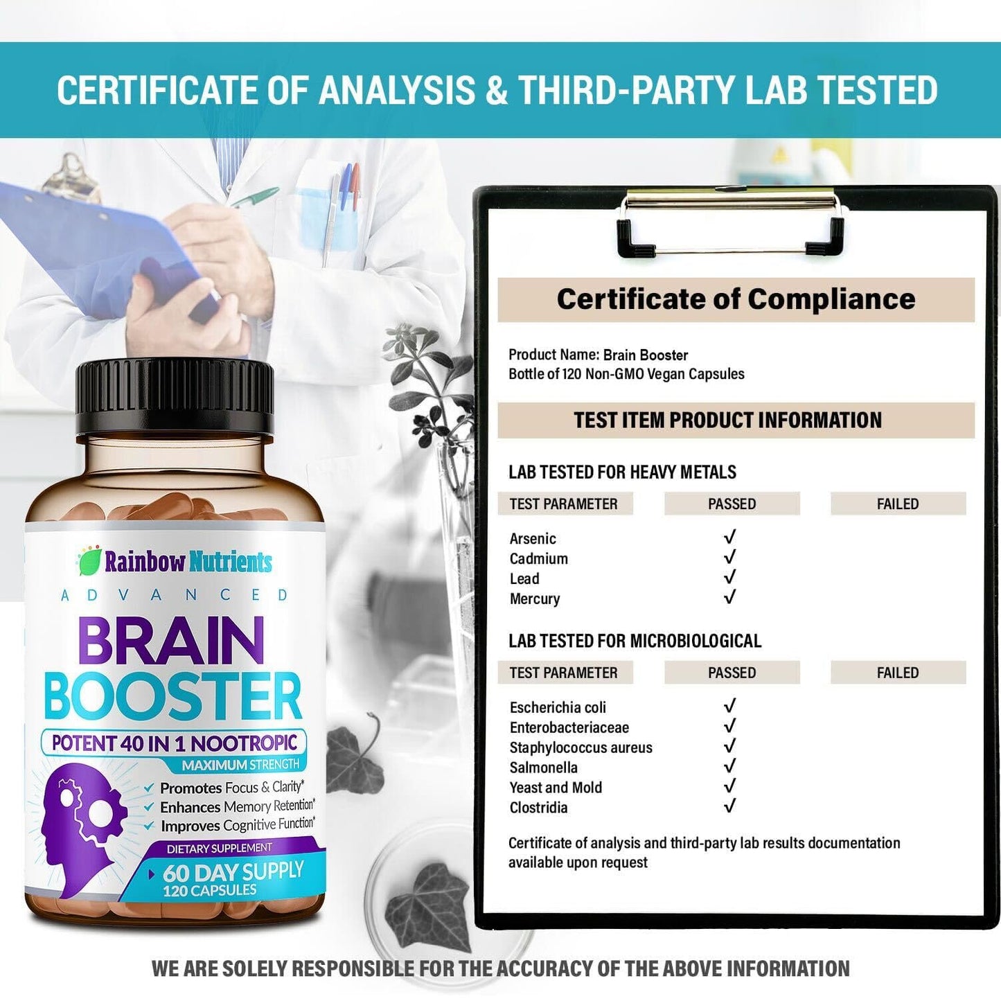 40-in-1 Brain Booster Supplements for Memory, Focus, Clarity, Energy, Performance | Natural Nootropic Brain Support Supplement with DMAE, Bacopa Monnieri & More | For Men & Women | 120 V Capsules - Maple Wellness Supplements