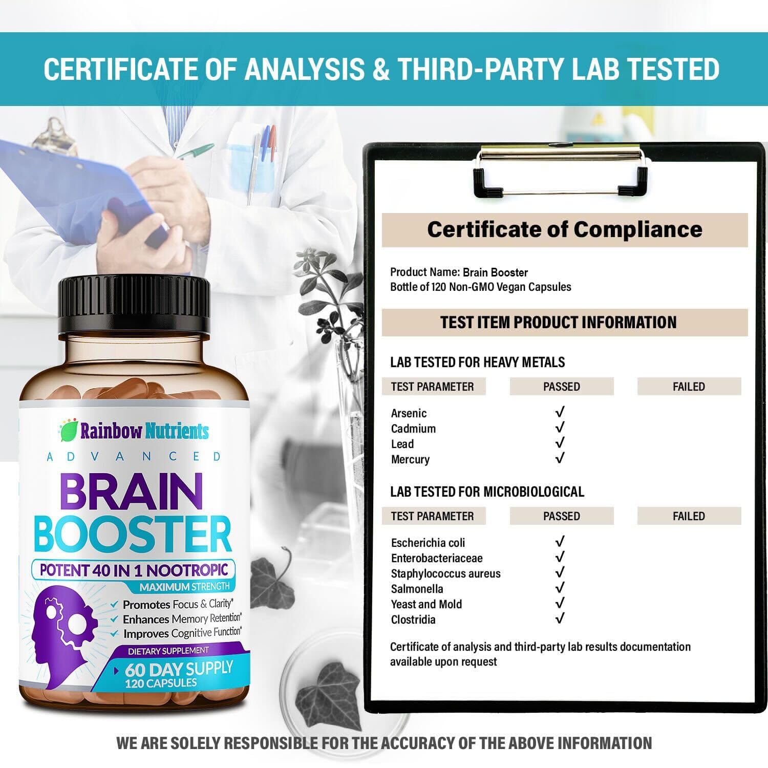 40-in-1 Brain Booster Supplements for Memory, Focus, Clarity, Energy, Performance | Natural Nootropic Brain Support Supplement with DMAE, Bacopa Monnieri & More | For Men & Women | 120 V Capsules - Maple Wellness Supplements