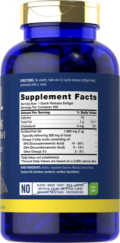 Fish Oil 1000mg | 300mg Omega 3 | 250 Count | Non-GMO and Gluten Free Supplement CarlyleBuy Supplements Australia