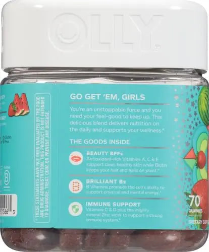 OLLY Teen Girl Multi Gummy, Healthy Skin and Immune Support, 15 Essential Vitamins, Biotin, Zinc, Calcium, Chewable Multivitamin OLLY