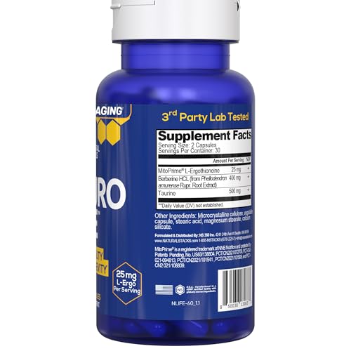 NeuroLife Longevity Supplement - 500mg Taurine & 400mg Berberine Supplement - Clinically Tested MitoPrime L-Ergothioneine - Brain Support for Cognitive Vitality - 60 Berberine Capsules NATURAL STACKSBuy Supplements Australia