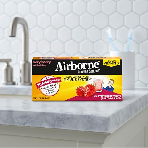 Vitamin C 1000mg (per serving) - Airborne Very Berry Effervescent Tablets (36 count in a box), Gluten-Free Immune Support Supplement, With Vitamins A C E, ZINC, Selenium, Echinacea & Ginger AirborneBuy Supplements Australia