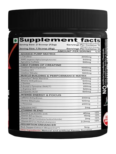 NutriJa Weapon-X Pre-Workout Powder with 21 Active Ingredients - 3 Best forms of Creatine, AAKG, Beta-Alanine, Caffeinated | Pumps, Viens Popping, Energy, Focus & Strength (30 Servings (Tangy Orange))