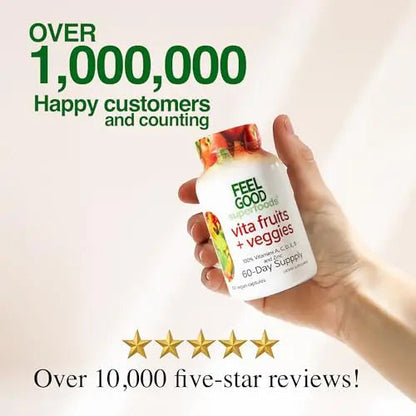 FeelGood Superfoods Vita Fruits and Veggies Capsules - 25 Superfood Ingredients, Fruit and Vegetable Multivitamin, 60 Count FeelGood Superfoods