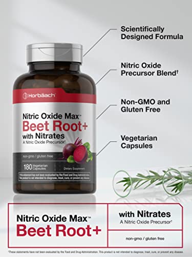 Nitric Oxide Beet Root Capsules | with Nitrates | 180 Count | Nitric Oxide Precursor | Vegetarian HorbäachBuy Supplements Australia