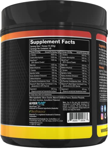 Gorilla Mode Pre Workout - Massive Pumps · Laser Focus · Energy · Power - L-Citrulline Gorilla MindBuy Supplements Australia