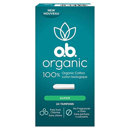 o.b. Organic Tampons, Made with 100% Organic Cotton, Proven 8 Hour Leak Protection, Super, 24 Count