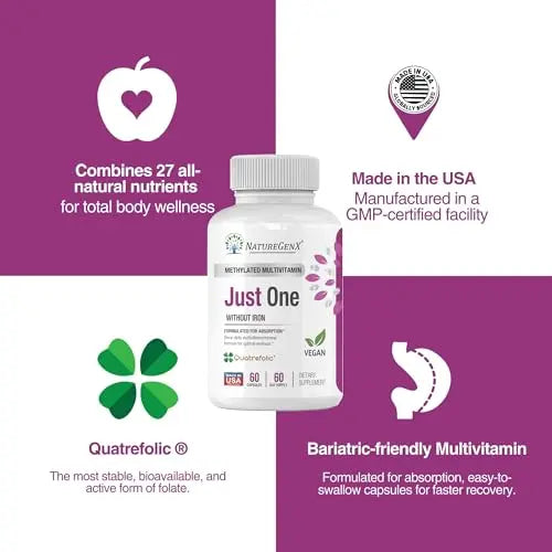 NatureGenX Just One Daily Methylated Multivitamin - 60 Caps Pure Methyl B12, Methylfolate MTHFR Support Supplement Iron Free Methylated Vitamins NatureGenXBuy Supplements Australia