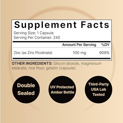 High Potency Zinc Picolinate 100mg - 240 Capsules, Bioavailable Form of Zinc NatureBellBuy Supplements Australia