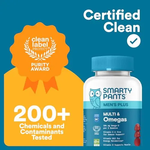 SmartyPants Men's Multivitamin Gummies - Improved Formula: Omega 3 (DHA/EPA), Methylfolate, Vitamin D3, C, Vitamin B12, B6, Vitamin A SmartyPants