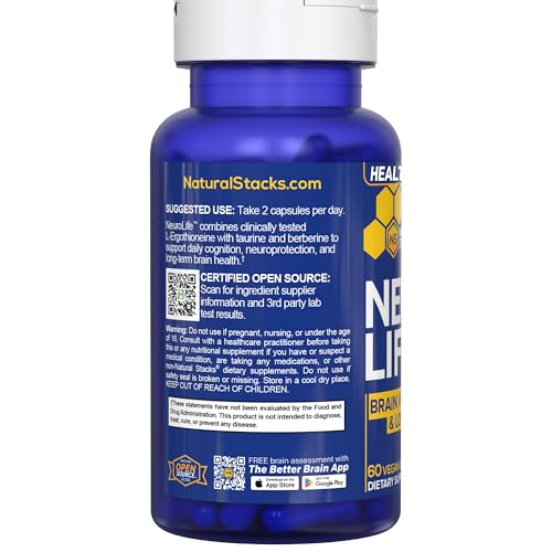 NeuroLife Longevity Supplement - 500mg Taurine & 400mg Berberine Supplement - Clinically Tested MitoPrime L-Ergothioneine - Brain Support for Cognitive Vitality - 60 Berberine Capsules NATURAL STACKSBuy Supplements Australia