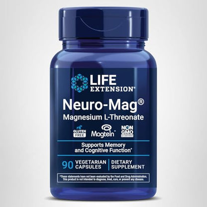 Life Extension Neuro-Mag Magnesium L-Threonate, Memory Health, Quick Thinking, Cognitive Health Support, Vegetarian, Non-GMO, 90 Vegetarian Capsules