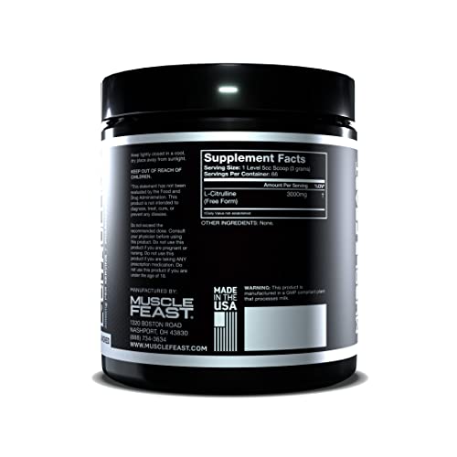 Muscle Feast Premium Vegan L-Citrulline Powder, Enhance Muscle Pumps, Improve Muscle Vascularity, Nitric Oxide Booster, Citrulline, Unflavored, 200 Grams
