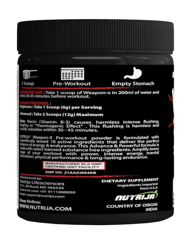 NutriJa Weapon-X Pre-Workout Powder with 21 Active Ingredients - 3 Best forms of Creatine, AAKG, Beta-Alanine, Caffeinated | Pumps, Viens Popping, Energy, Focus & Strength (30 Servings (Tangy Orange))