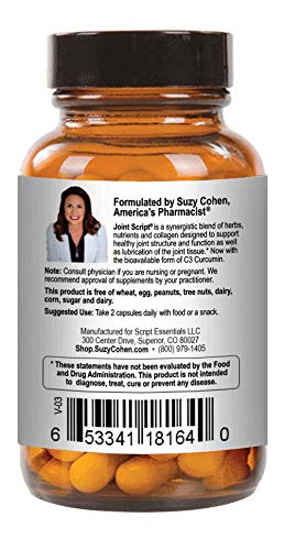 Suzy Cohen Joint Script Joint Support Supplement with Hyaluronic Acid, C3 Curcumin Turmeric Extract, MSM, Collagen Peptides, Ginger, and Boswellia for Maximum Flexibility, Tendon and Cartilage Health Script EssentialsBuy Supplements Australia