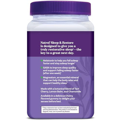Natrol Sleep + Restore Magnesium Glycinate Blend Gummies with Melatonin 5mg - Calm Magnesium with GABA, Botanical Blend, Cherry Flavor, 60 Gummies NatrolBuy Supplements Australia