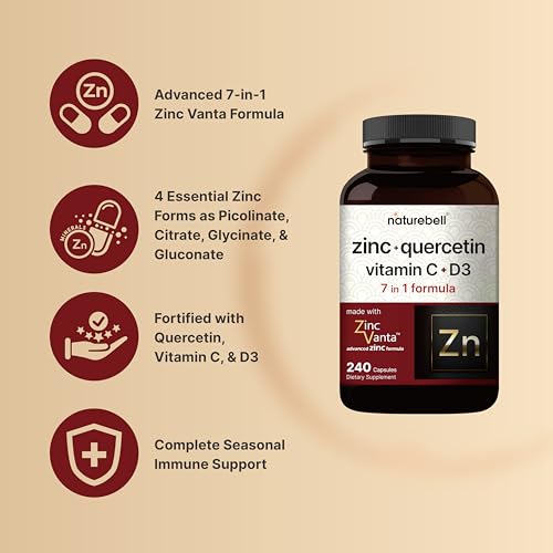 NatureBell Zinc Quercetin with Vitamin C & D3, 240 Capsules | Quercetin 1,000mg, 4 in 1 Zinc 50mg, Vitamin C 250mg, Vitamin D3 5,000 IU – ZincVanta Advanced Immune Defense & Lung Support NatureBellBuy Supplements Australia