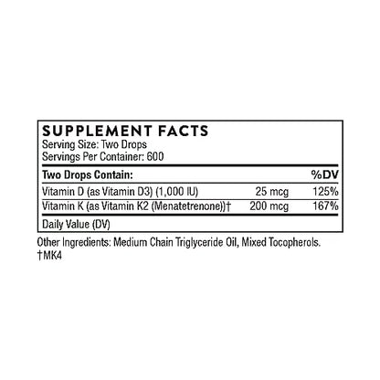 THORNE Vitamin D + K2 Liquid with a metered Dispenser - Vitamins D3 and K2 to Support THORNEBuy Supplements Australia