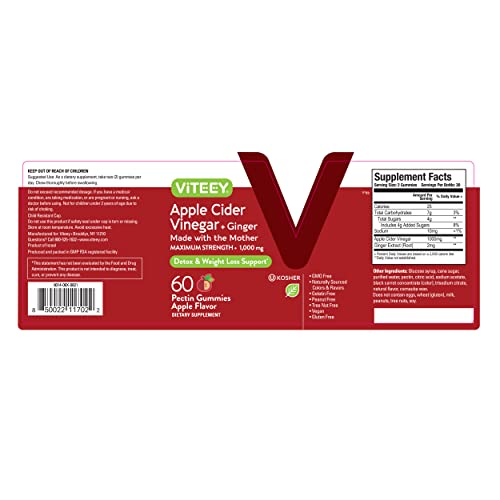 Apple Cider Vinegar Gummies 1,000mg Plus Ginger, ACV with The Mother, Detox Cleanse ViteeyBuy Supplements Australia
