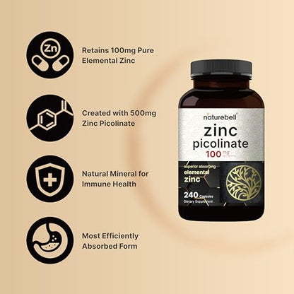 High Potency Zinc Picolinate 100mg - 240 Capsules, Bioavailable Form of Zinc NatureBellBuy Supplements Australia