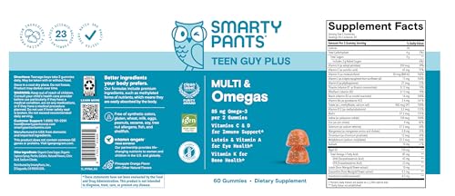 SmartyPants Teen Guy Multivitamin Gummies, Omega 3 (DHA/EPA), Vitamin D3, C, Vitamin B12, B6, A, K & Zinc, Folate, Gluten Free, Fruit Flavor, 60 Count (30 Day Supply) SmartyPantsBuy Supplements Australia