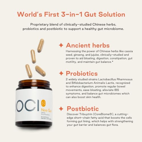NOOCI NOO Gut, Gut + Skin: 3-in-1 Gut Health Supplement with Herbs, Probiotic & Postbiotic, Digestive Support for Bloating & Constipation, 60 Vegan Capsules NOOCIBuy Supplements Australia