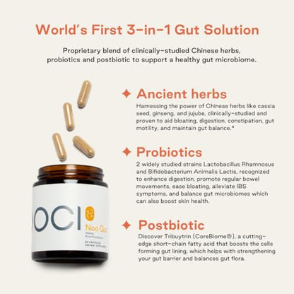 NOOCI NOO Gut, Gut + Skin: 3-in-1 Gut Health Supplement with Herbs, Probiotic & Postbiotic, Digestive Support for Bloating & Constipation, 60 Vegan Capsules NOOCIBuy Supplements Australia