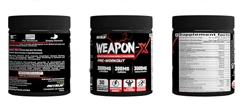 NutriJa Weapon-X Pre-Workout Powder with 21 Active Ingredients - 3 Best forms of Creatine, AAKG, Beta-Alanine, Caffeinated | Pumps, Viens Popping, Energy, Focus & Strength (30 Servings (Tangy Orange))