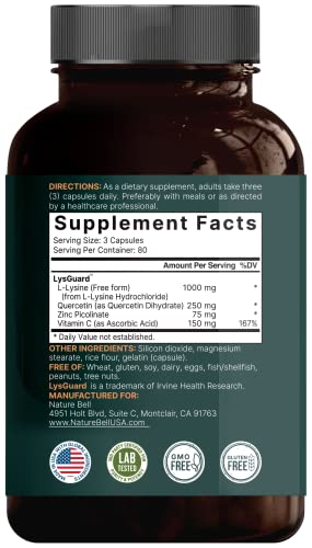 NatureBell L-Lysine 1000mg + Quercetin 250mg Supplement, 240 Capsules, Free Form NatureBellBuy Supplements Australia
