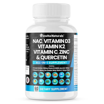 NAC Supplement N-Acetyl Cysteine 1000mg Vitamin C Vitamin D3 K2, Zinc, Turmeric Curcumin