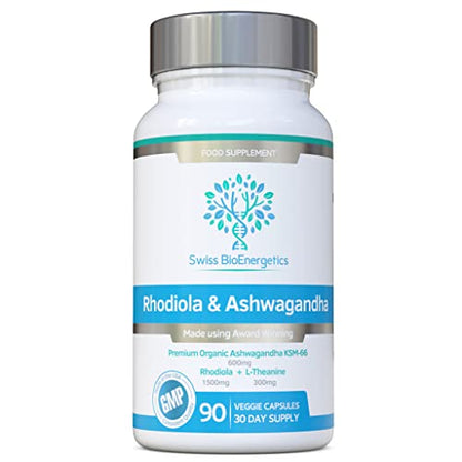 Rhodiola & Ashwagandha with L-Theanine - Award Winning Ashwagandha KSM-66 600mg 