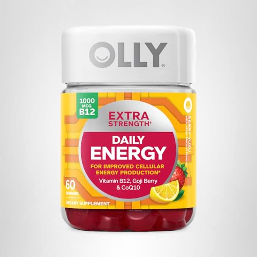 OLLY Extra Strength Daily Energy Gummy, Caffeine Free, 1000mcg Vitamin B12, CoQ10, Goji Berry, Adult Chewable Supplement