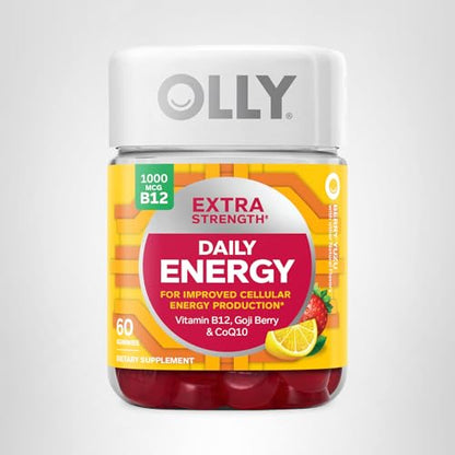 OLLY Extra Strength Daily Energy Gummy, Caffeine Free, 1000mcg Vitamin B12, CoQ10, Goji Berry, Adult Chewable Supplement