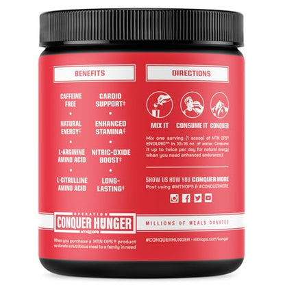 MTN OPS Enduro Nitric Oxide Supplement & Stim-Free Pre Workout - 30 Servings - with Magnesium Citrate, Beet Root Powder, Niacinamide, L Arginine & L Citrulline - Peach Zing Flavor