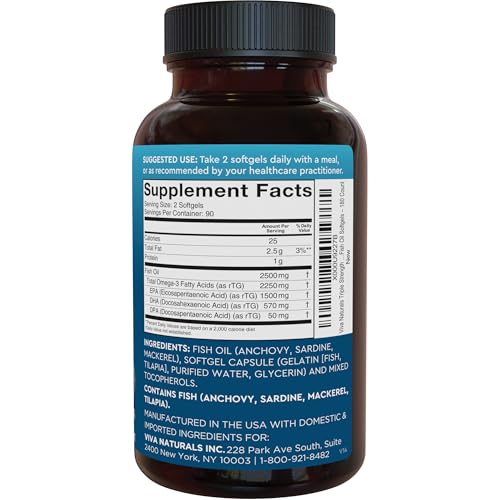 Triple Strength Fish Oil Omega 3 Supplements for Women and Men – 2500 mg High-Potency, Easy-to-Absorb Re-esterified Triglyceride Form, Pescatarian-Friendly DPA Omega 3