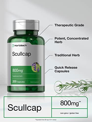 Scullcap Capsules | 800 mg | 200 Count | Max Potency, Value Size | Non-GMO and Gluten HorbäachBuy Supplements Australia