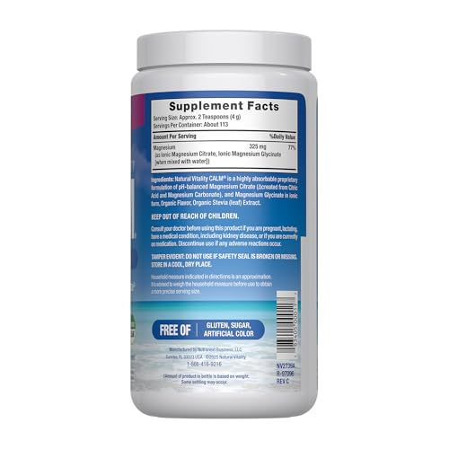 Natural Vitality Calm Magnesium 16oz Powder | Raspberry Lemon Flavored Supplement | Non-GMO, Vegan & Gluten Free Formula
