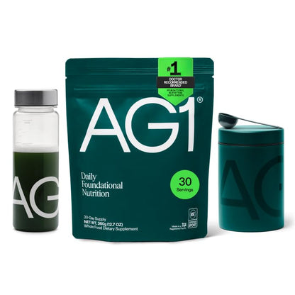 AG1 Greens Powder Supplement Bundle w/Stainless Steel Storage Canister – Multivitamin, Probiotic & Superfood Blend | Gut Health & Daily Wellness Support | Includes Shaker & Scoop | Vegan, Gluten-Free AG1Buy Supplements Australia